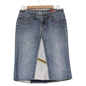 Y2K Denim Skirt Size 4 Knee Length Blue Patchwork Boho Festival Pockets